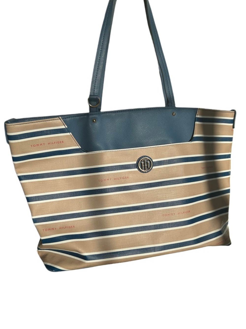 Tommy Hilfiger Navy & Beige Striped Tote with Logo Accent